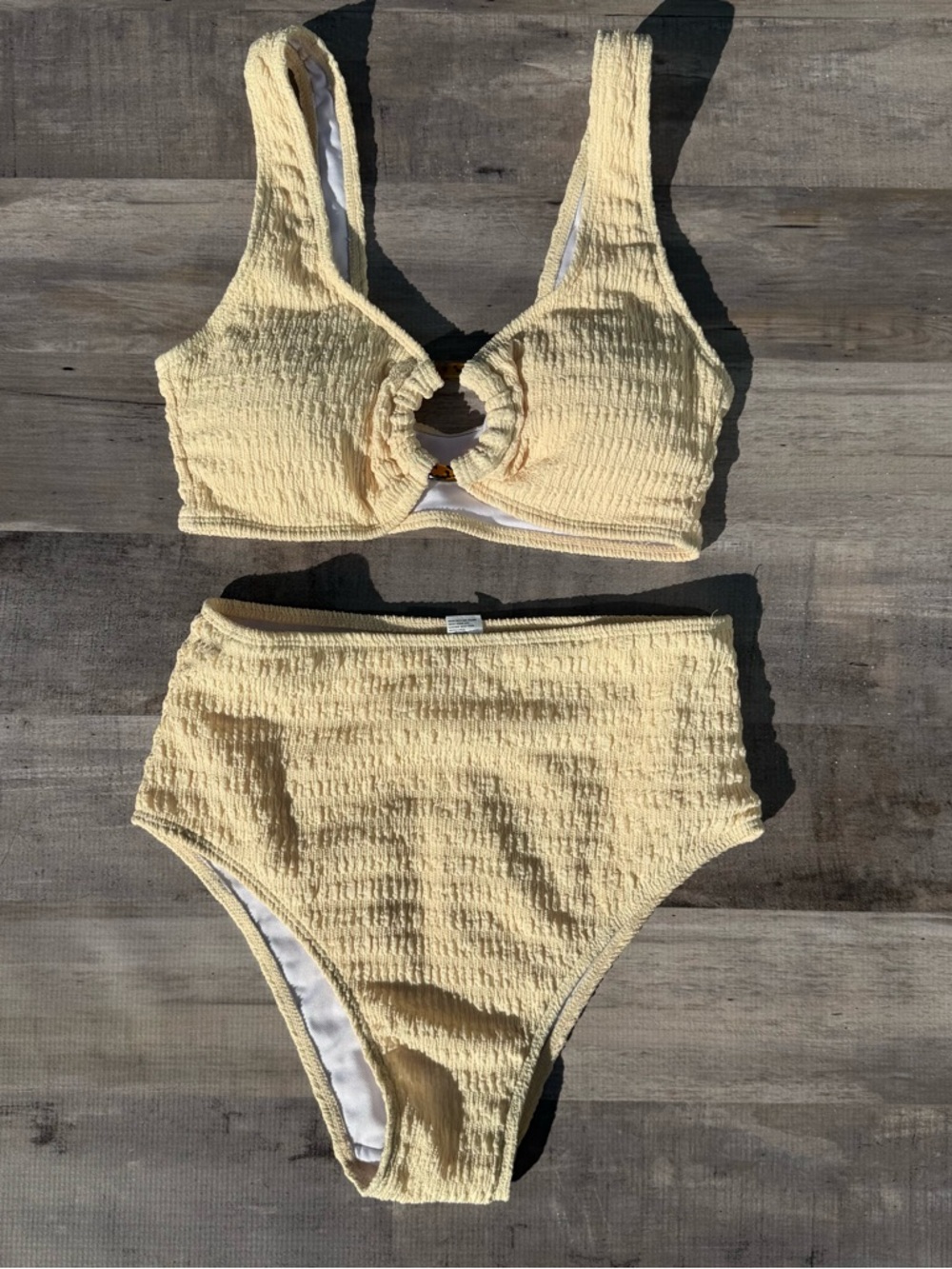 Textured Yellow High-Waist Bikini Set with Ring Front